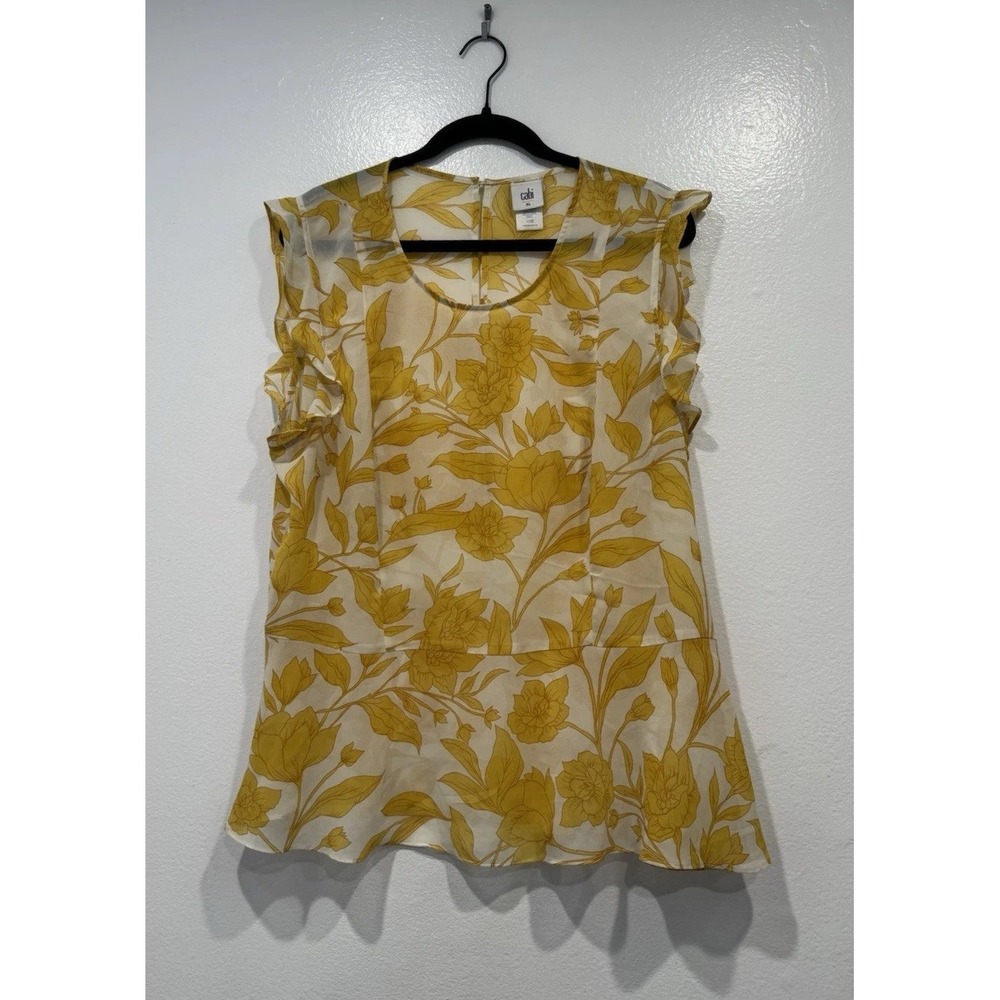 Cabi Sunrise Top Blouse Style# 5899 White Yellow Floral Sheer Size XL Glam Chic